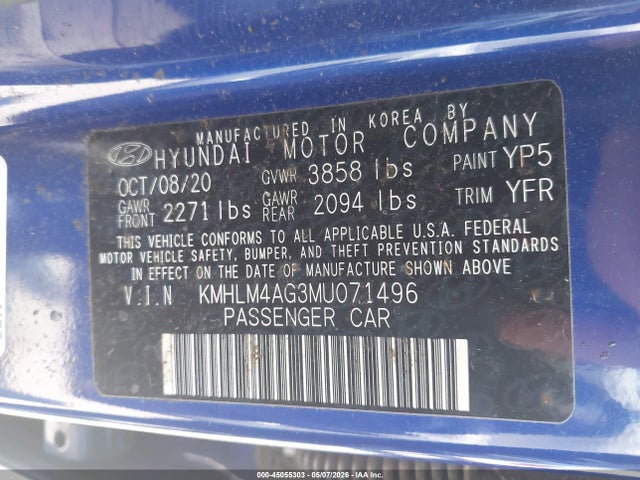 45055303 :رقم المزاد ، KMHLM4AG3MU071496 vin ، 2021 Hyundai Elantra Sel مزاد بيع