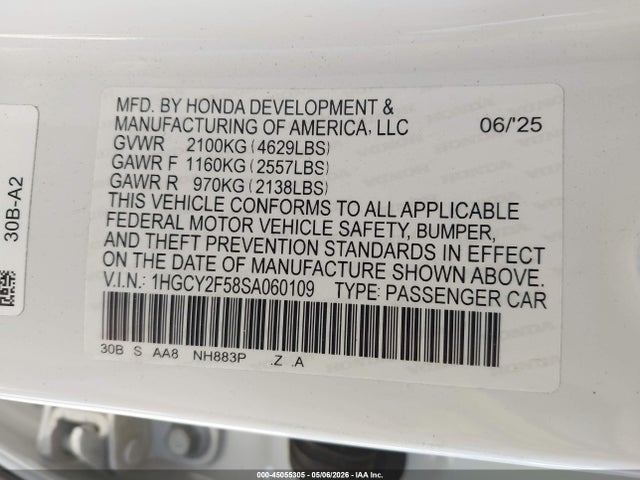 Продажа на аукционе авто 2025 Honda Accord Hybrid Sport, vin: 1HGCY2F58SA060109, номер лота: 45055305