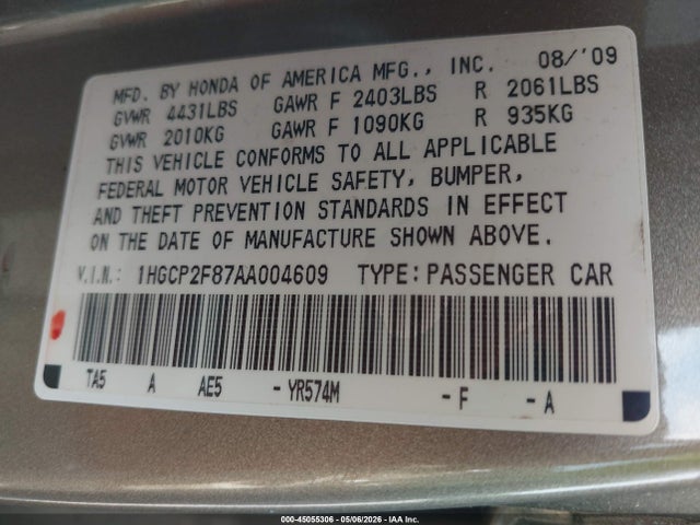 45055306 :رقم المزاد ، 1HGCP2F87AA004609 vin ، 2010 Honda Accord 2.4 Ex-l مزاد بيع