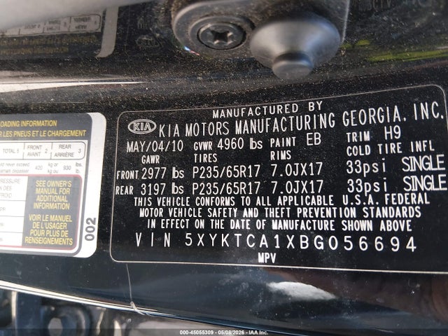 2011 Kia Sorento Lx მანქანა იყიდება აუქციონზე, vin: 5XYKTCA1XBG056694, აუქციონის ნომერი: 45055309