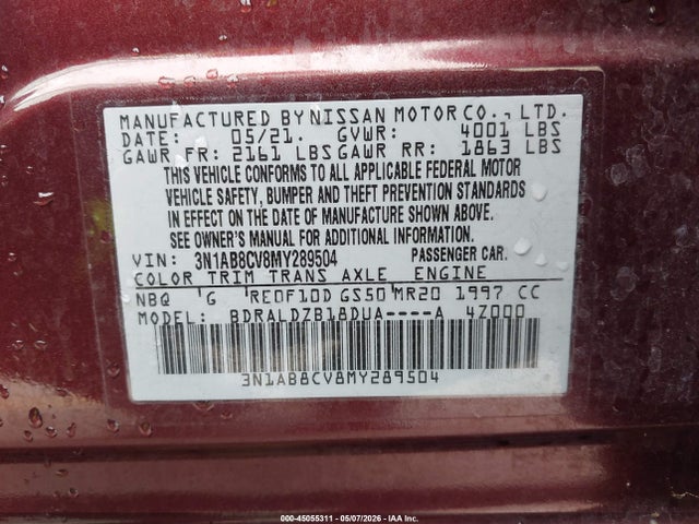 Aukcja sprzedaży 2021 Nissan Sentra Sv Xtronic Cvt, vin: 3N1AB8CV8MY289504, numer aukcji: 45055311