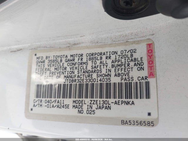 Продаж на аукціоні авто 2003 Toyota Corolla Le, vin: JTDBR32E330014035, номер лоту: 45055318