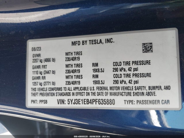 Aukcja sprzedaży 2023 Tesla Model 3 Long Range Dual Motor All-wheel Drive, vin: 5YJ3E1EB4PF635880, numer aukcji: 45055320