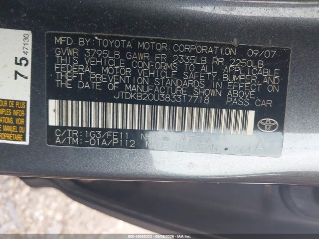 Продажа на аукционе авто 2008 Toyota Prius, vin: JTDKB20U383317718, номер лота: 45055323