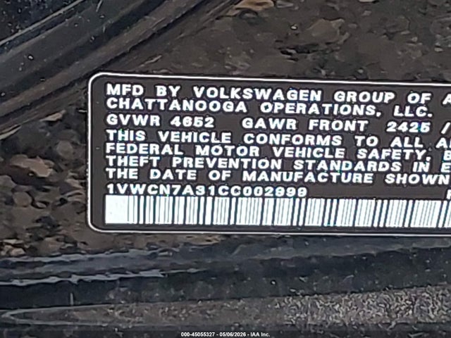 Продаж на аукціоні авто 2012 Volkswagen Passat 2.0l Tdi Sel Premium, vin: 1VWCN7A31CC002999, номер лоту: 45055327