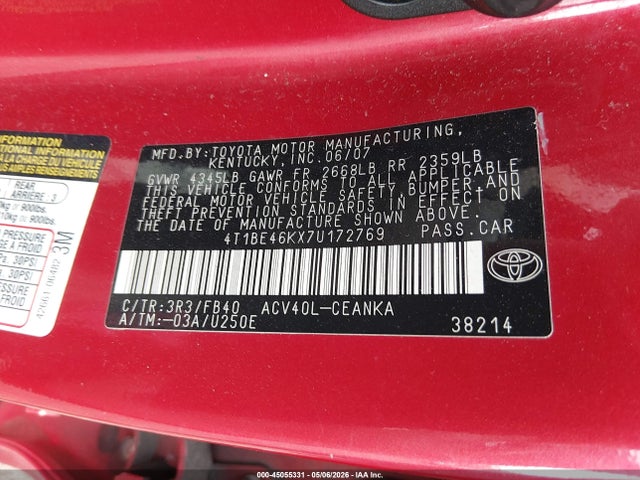 Продажа на аукционе авто 2007 Toyota Camry Le, vin: 4T1BE46KX7U172769, номер лота: 45055331