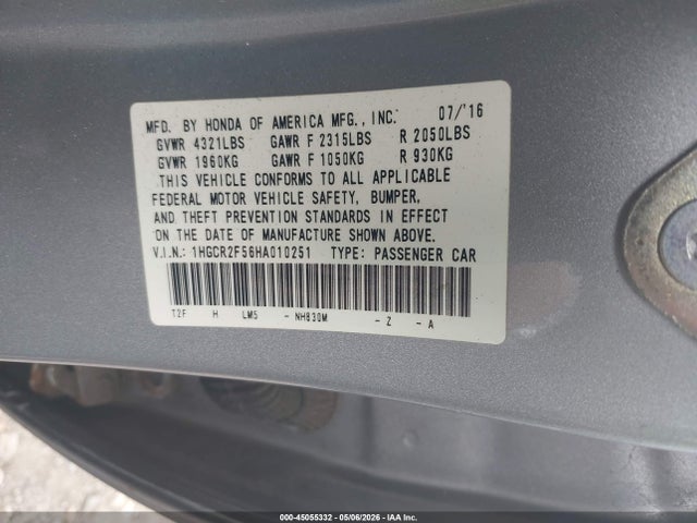 45055332 :رقم المزاد ، 1HGCR2F56HA010251 vin ، 2017 Honda Accord Sport مزاد بيع