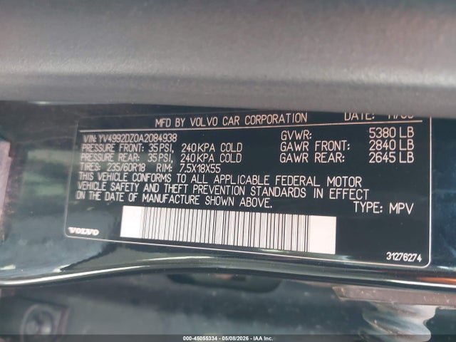 45055334 :رقم المزاد ، YV4992DZ0A2084938 vin ، 2010 Volvo Xc60 T6/t6 R-design مزاد بيع