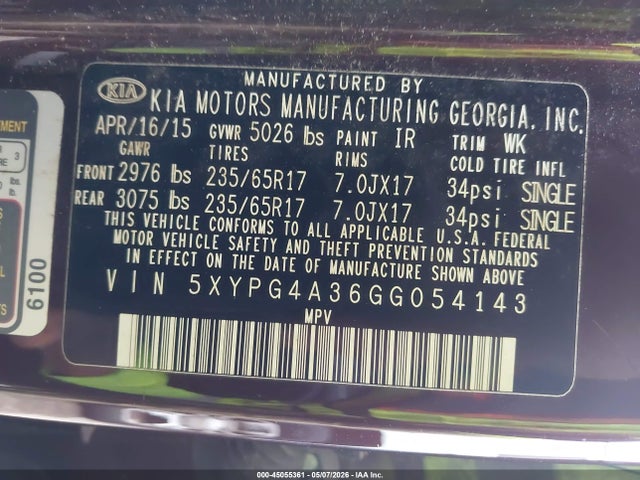 2016 Kia Sorento 2.4l Lx მანქანა იყიდება აუქციონზე, vin: 5XYPG4A36GG054143, აუქციონის ნომერი: 45055361