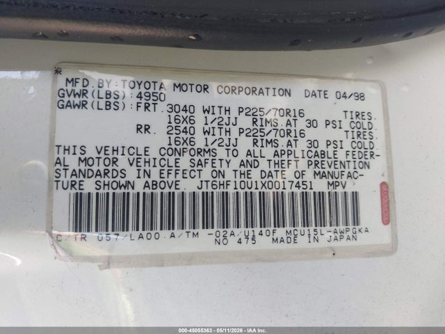 45055363 :رقم المزاد ، JT6HF10U1X0017451 vin ، 1999 Lexus Rx 300 مزاد بيع