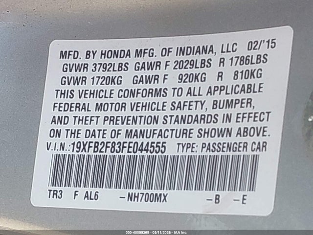 45055368 :رقم المزاد ، 19XFB2F83FE044555 vin ، 2015 Honda Civic Ex مزاد بيع
