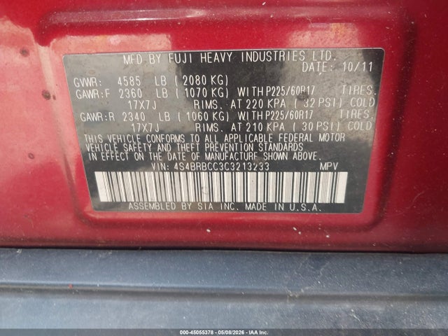 2012 Subaru Outback 2.5i Premium მანქანა იყიდება აუქციონზე, vin: 4S4BRBCC3C3213233, აუქციონის ნომერი: 45055378