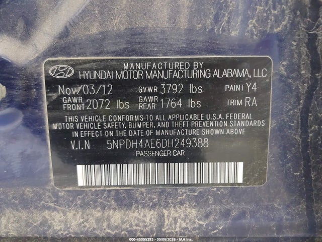 2013 Hyundai Elantra Gls მანქანა იყიდება აუქციონზე, vin: 5NPDH4AE6DH249388, აუქციონის ნომერი: 45055393