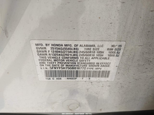 Honda Pilot Ex-l 2016 5FNYF5H75GB016772 Image 9