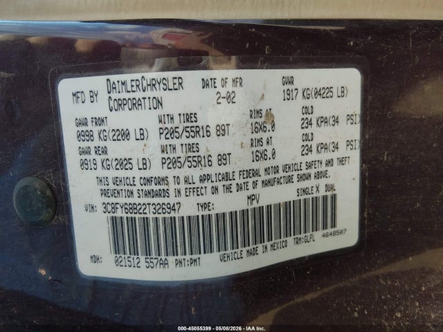 45055399 :رقم المزاد ، 3C8FY68B22T326947 vin ، 2002 Chrysler Pt Cruiser Limited/dream Cruiser مزاد بيع