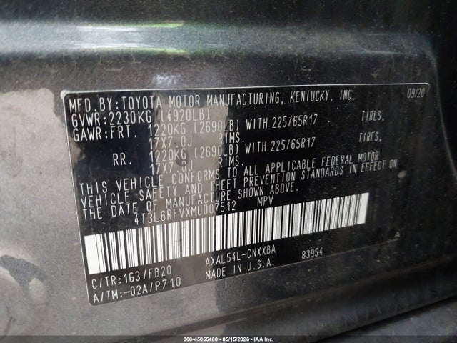 4T3L6RFVXMU007512 Toyota Rav4 Hybrid Le
