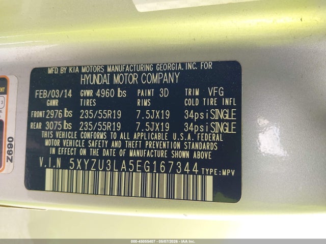 Продаж на аукціоні авто 2014 Hyundai Santa Fe Sport 2.0l Turbo, vin: 5XYZU3LA5EG167344, номер лоту: 45055407