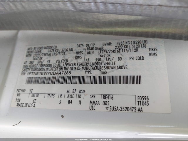 45055417 :رقم المزاد ، 1FTNE1EW7CDA47288 vin ، 2012 Ford E-150 Commercial مزاد بيع