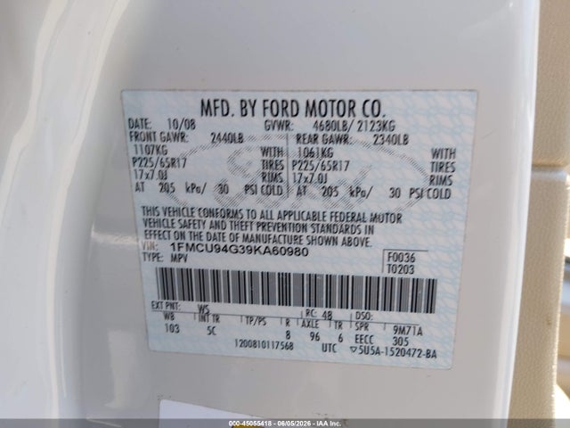 Продажа на аукционе авто 2009 Ford Escape Limited, vin: 1FMCU94G39KA60980, номер лота: 45055418