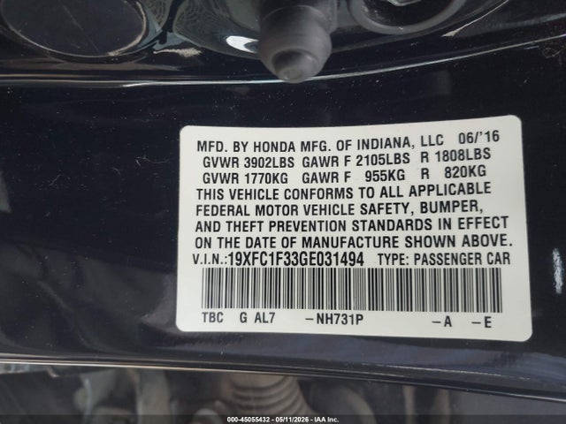Продажа на аукционе авто 2016 Honda Civic Ex-t, vin: 19XFC1F33GE031494, номер лота: 45055432