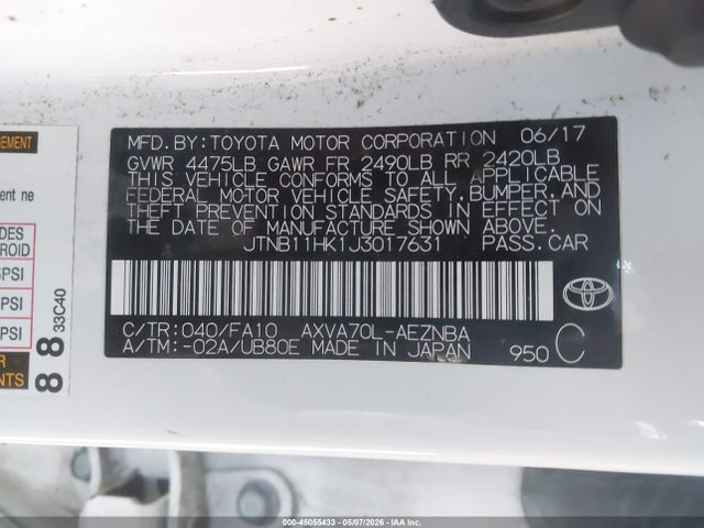 JTNB11HK1J3017631 Toyota CAMRY LE