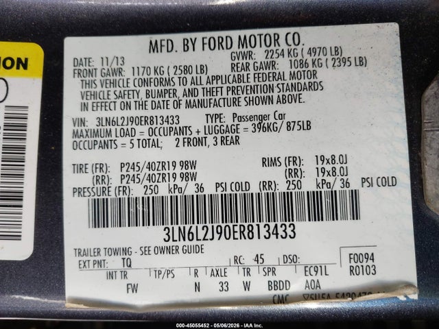 45055452 :رقم المزاد ، 3LN6L2J90ER813433 vin ، 2014 Lincoln Mkz مزاد بيع