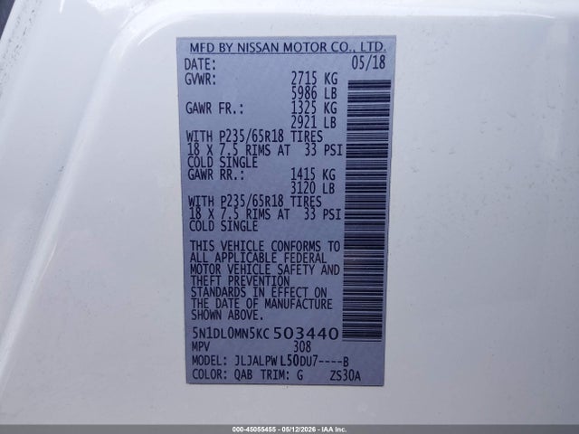 Aukcja sprzedaży 2019 Infiniti Qx60 Pure, vin: 5N1DL0MN5KC503440, numer aukcji: 45055455