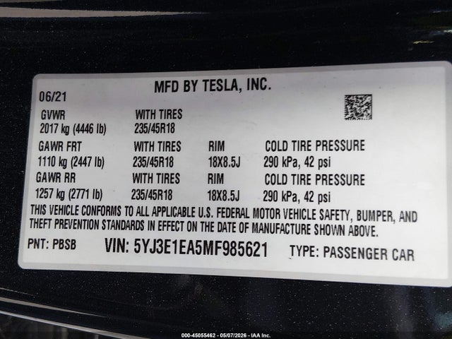 45055462 :رقم المزاد ، 5YJ3E1EA5MF985621 vin ، 2021 Tesla Model 3 Standard Range Plus Rear-wheel Drive مزاد بيع