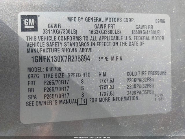 2007 Chevrolet Tahoe Lt მანქანა იყიდება აუქციონზე, vin: 1GNFK130X7R275894, აუქციონის ნომერი: 45055474