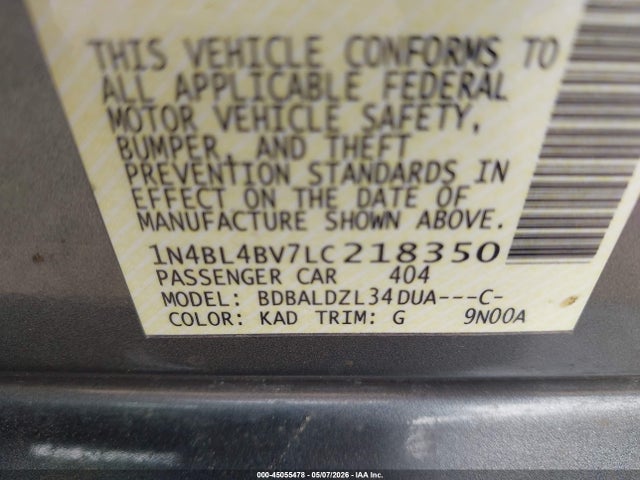 Aukcja sprzedaży 2020 Nissan Altima S Fwd, vin: 1N4BL4BV7LC218350, numer aukcji: 45055478