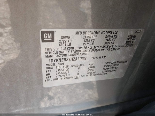 45055490 :رقم المزاد ، 1GYKNERS7HZ311809 vin ، 2017 Cadillac Xt5 Premium Luxury مزاد بيع