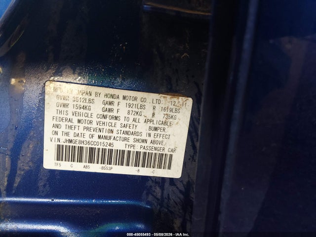 45055493 :رقم المزاد ، JHMGE8H36CC015245 vin ، 2012 Honda Fit مزاد بيع