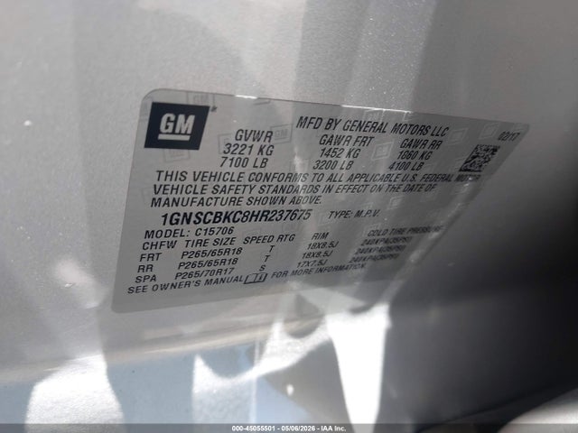 2017 Chevrolet Tahoe Lt მანქანა იყიდება აუქციონზე, vin: 1GNSCBKC8HR237675, აუქციონის ნომერი: 45055501