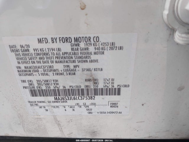 Продажа на аукционе авто 2020 Ford Ecosport Ses, vin: MAJ6S3JL6LC375382, номер лота: 45055507