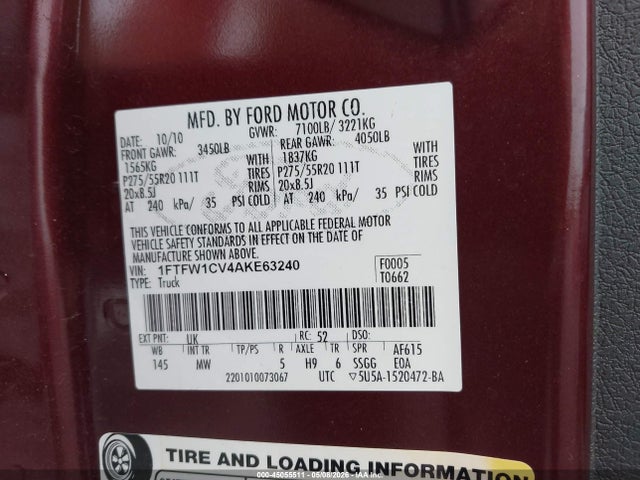 Aukcja sprzedaży 2010 Ford F-150 Fx2 Sport/harley-davidson/king Ranch/lariat/platinum/xl/xlt, vin: 1FTFW1CV4AKE63240, numer aukcji: 45055511