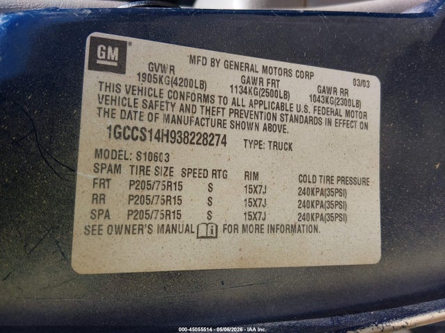 2003 Chevrolet S-10 მანქანა იყიდება აუქციონზე, vin: 1GCCS14H938228274, აუქციონის ნომერი: 45055514