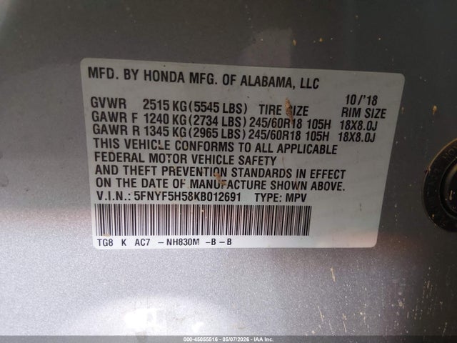 Honda Pilot Ex-l 2019 5FNYF5H58KB012691 Image 9