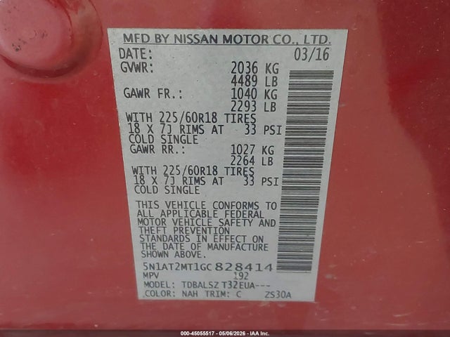Aukcja sprzedaży 2016 Nissan Rogue Sl, vin: 5N1AT2MT1GC828414, numer aukcji: 45055517