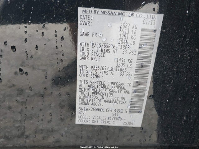 45055522 :رقم المزاد ، 5N1AR2MN6DC633825 vin ، 2013 Nissan Pathfinder Sv مزاد بيع