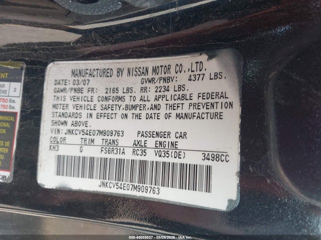 2007 Infiniti G35 მანქანა იყიდება აუქციონზე, vin: JNKCV54E07M909763, აუქციონის ნომერი: 45055527