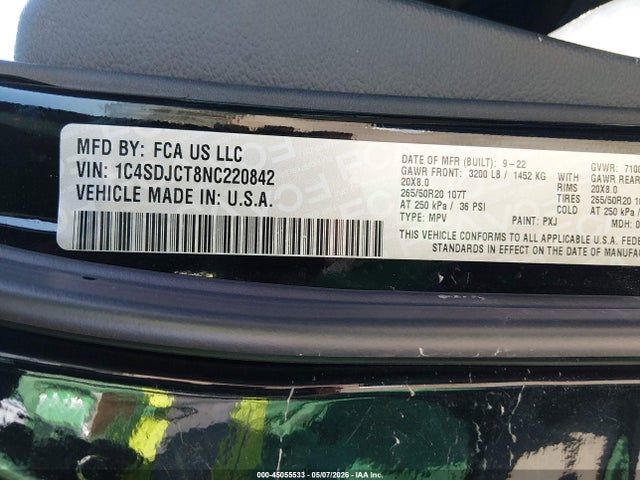 1C4SDJCT8NC220842 Dodge Durango R/t Awd