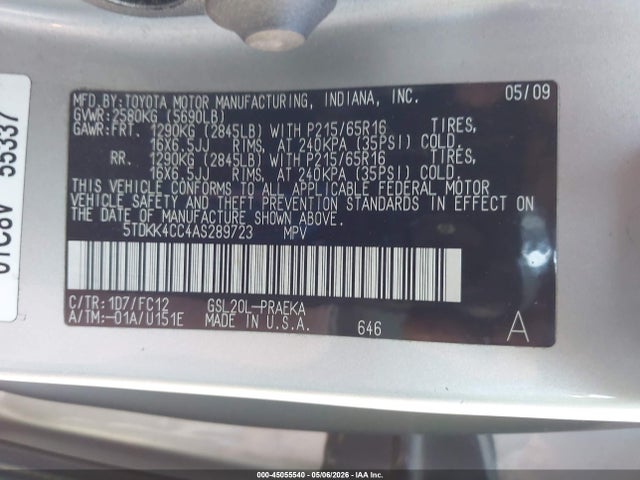 2010 Toyota Sienna Le მანქანა იყიდება აუქციონზე, vin: 5TDKK4CC4AS289723, აუქციონის ნომერი: 45055540