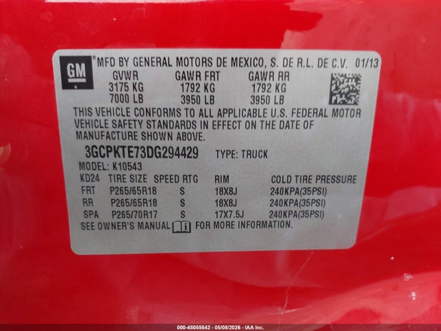 45055542 :رقم المزاد ، 3GCPKTE73DG294429 vin ، 2013 Chevrolet Silverado 1500 Ltz مزاد بيع