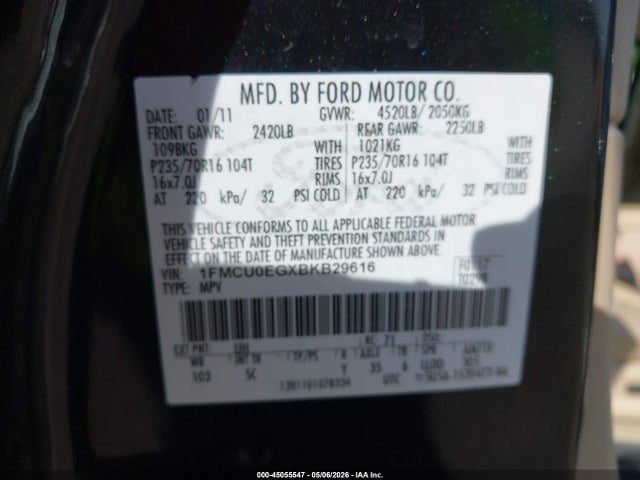 45055547 :رقم المزاد ، 1FMCU0EGXBKB29616 vin ، 2011 Ford Escape Limited مزاد بيع