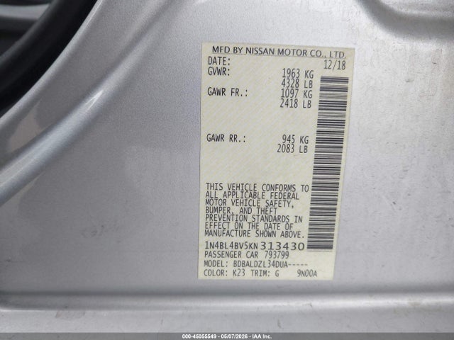 45055549 :رقم المزاد ، 1N4BL4BV5KN313430 vin ، 2019 Nissan Altima 2.5 S مزاد بيع
