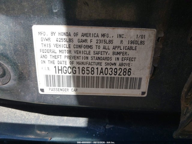 2001 Honda Accord 3.0 Ex მანქანა იყიდება აუქციონზე, vin: 1HGCG16581A039286, აუქციონის ნომერი: 45055551