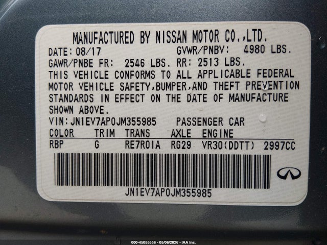 45055556 :رقم المزاد ، JN1EV7AP0JM355985 vin ، 2018 Infiniti Q50 3.0t Luxe مزاد بيع