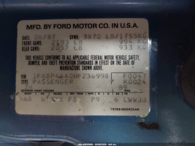 Продаж на аукціоні авто 1987 Ford Mustang Lx, vin: 1FABP44A0HF236998, номер лоту: 45055560