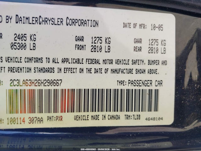 Продаж на аукціоні авто 2006 Chrysler 300c, vin: 2C3LA63H26H290667, номер лоту: 45055565