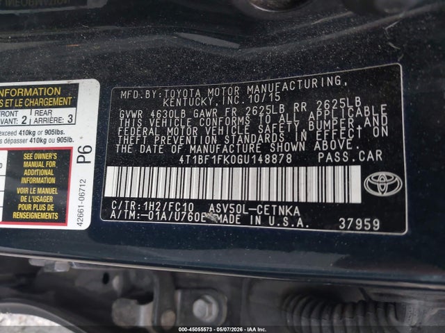 Aukcja sprzedaży 2016 Toyota Camry Le, vin: 4T1BF1FK0GU148878, numer aukcji: 45055573